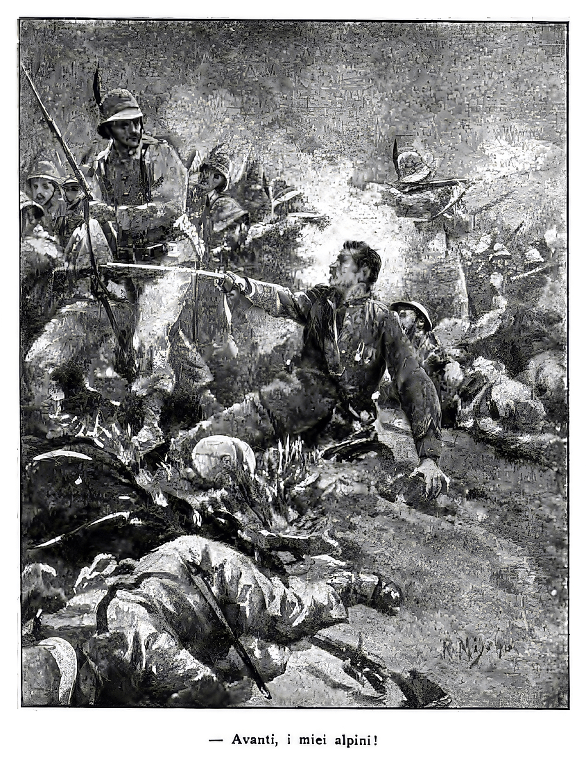 A mortally wounded Lieutenant Colonel Davide Menini urges the Alpini troops to advance