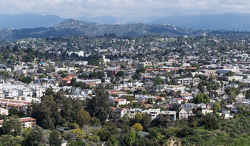 Hilltop view of the Highland Park neighborhood in Los Angeles, California.