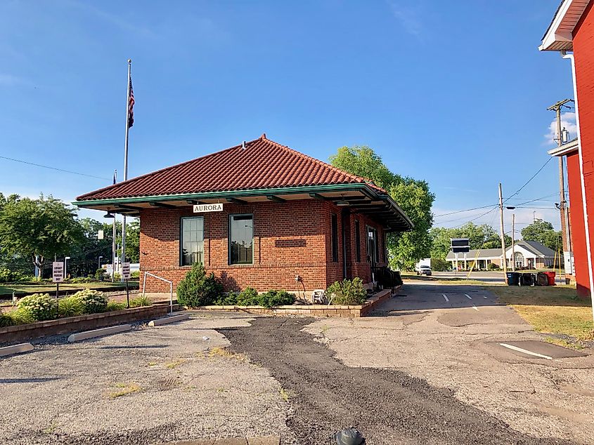 The Baltimore & Ohio Railroad Station in Aurora, Indiana, a historical landmark representing the bygone era of rail travel in the American Midwest.