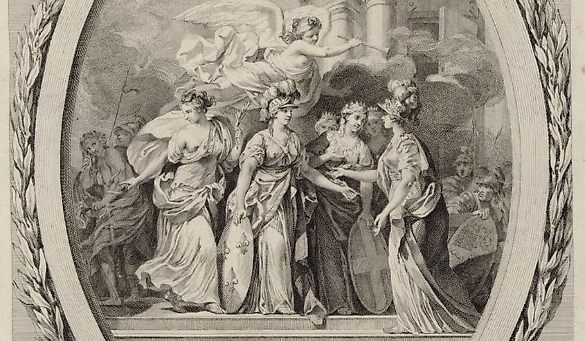 Allegory of the Peace of Paris. On the right, the figure of Peace hands olive branches to personifications of the party countries.