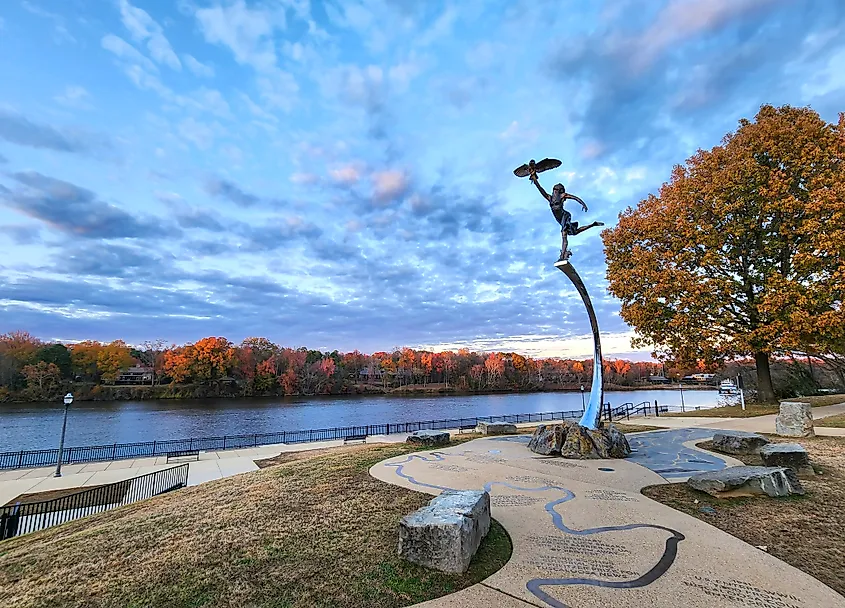 Tuscaloosa, Alabama - December 5, 2024: River Walk Statue Fall Colors