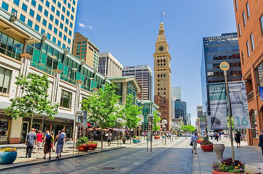 People wandering around the shops and restaurant of 16th street pedestrian mall in downtown Denver, Colorado