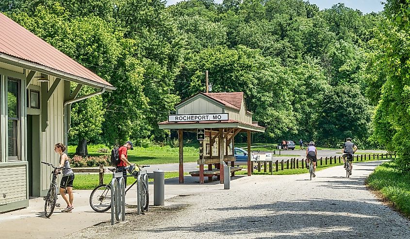 Cyclists at Rocheport station on Katy Trail (237 mile bike trail stretching across most of the state of Missouri converted from abandoned railroad)