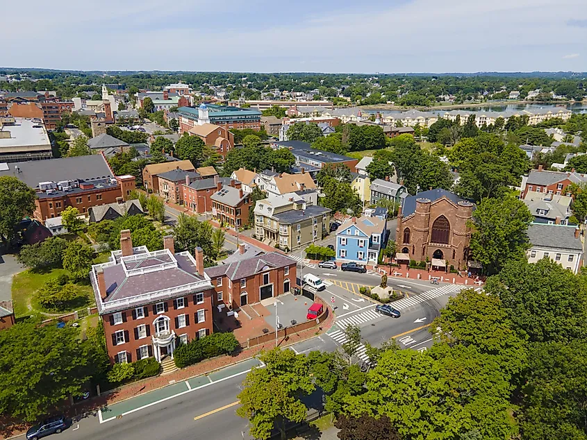 Aerial view of Salem historic city center, including Salem Witch Museum and Andrew Safford House in city of Salem, Massachusetts