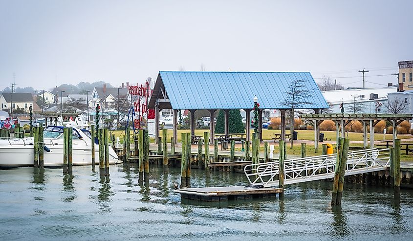 View of the Chincoteague Bay Waterfront, in Chincoteague Island, Virginia.