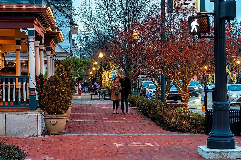 Downtown Worthington, Ohio, United States, during the festive Christmas season.