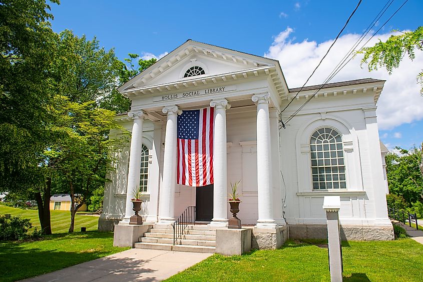 Hollis Social Library at 2 Monument Square in the historic town center of Hollis, New Hamshire NH, USA. 