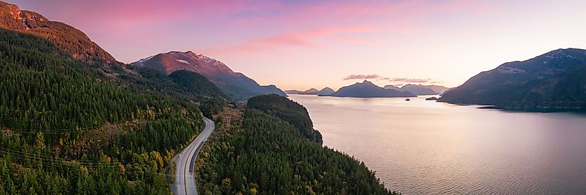 Aerial view of the Sea to Sky Highway in British Columbia.