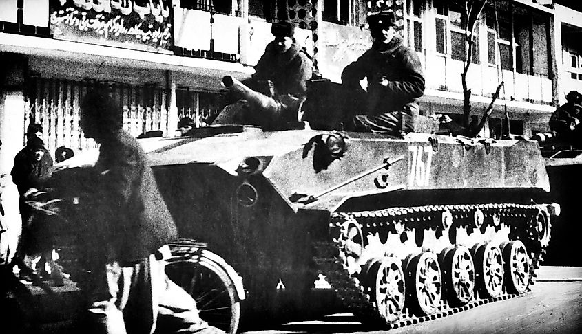 Soviet paratroopers aboard a BMD-1 in Kabul, Afghanistan.
