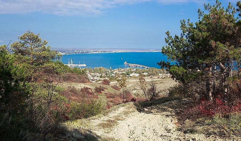 The view of Feodosian bay from the hills nearby. The Black Sea, Crimea.
