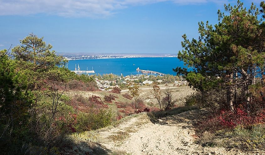 The view of Feodosian bay from the hills nearby. The Black Sea, Crimea.