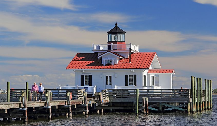 The Roanoke Marshes Lighthouse is perhaps the most prominent landmark in the quaint coastal community of Manteo