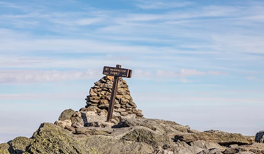 Summit sign at Mount Washington in New Hampshire in afternoon light