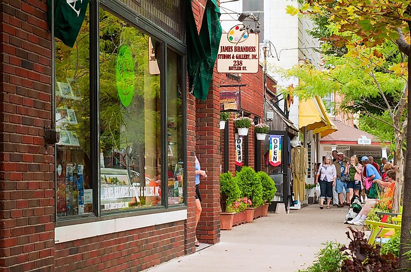 Shops and galleries line Butler Street in Saugatuck, Michigan
