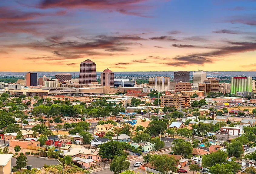 Downtown Albuquerque, New Mexico at twilight.