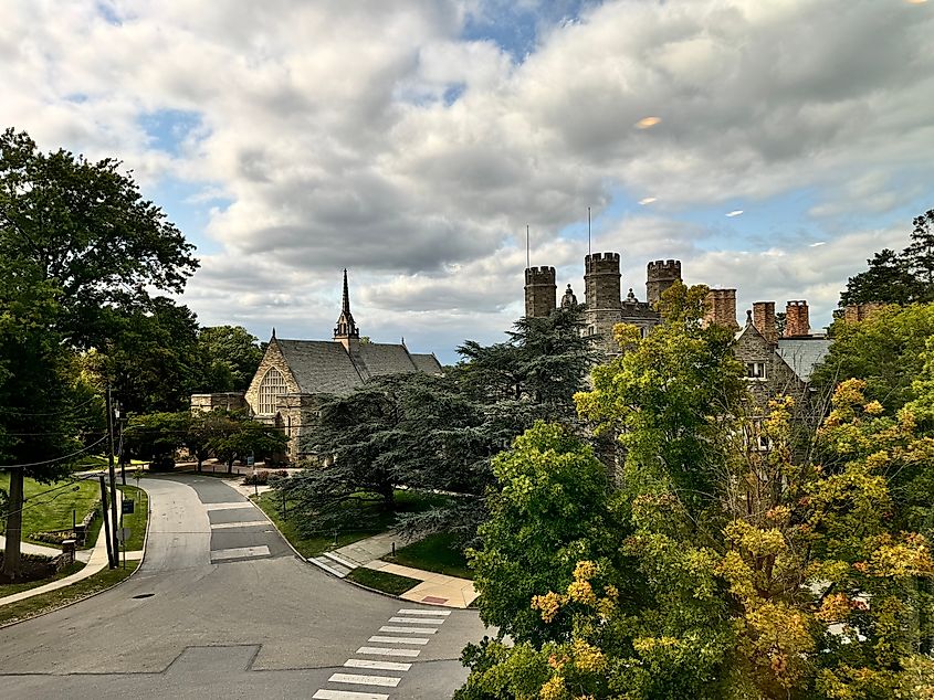Facade of Goodhart Hall and the towers of Rockefeller Hall on the Bryn Mawr College campus in Bryn Mawr, PA