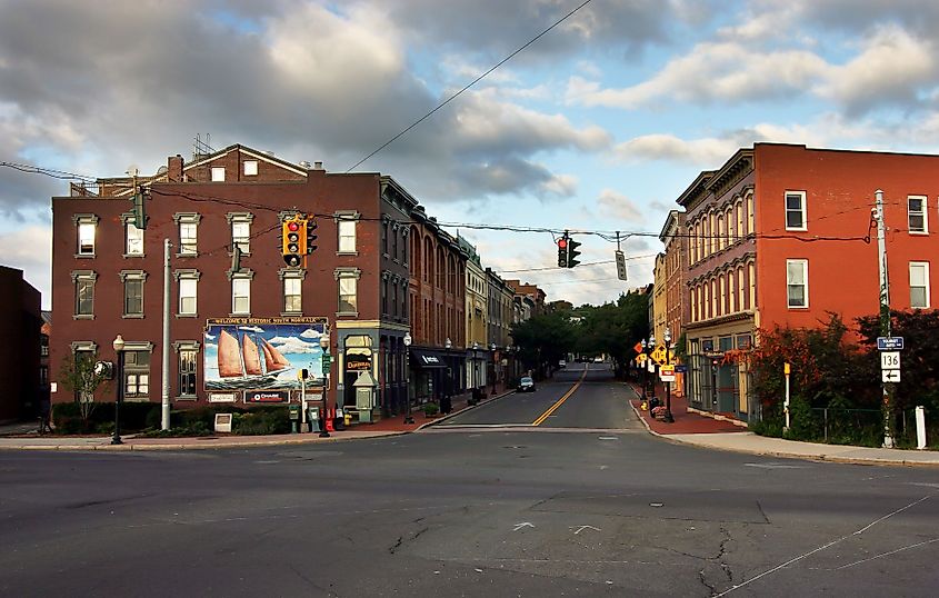 Washington Street view from bridge with buildings and clouds in Norwalk, Connecticut