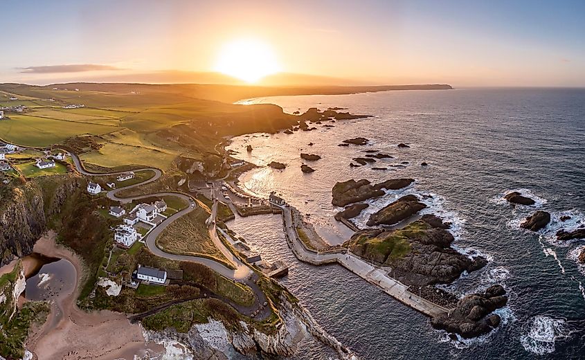 Aerial view of Ballintoy Harbour near Giants Causeway, County. Antrim, Northern Ireland