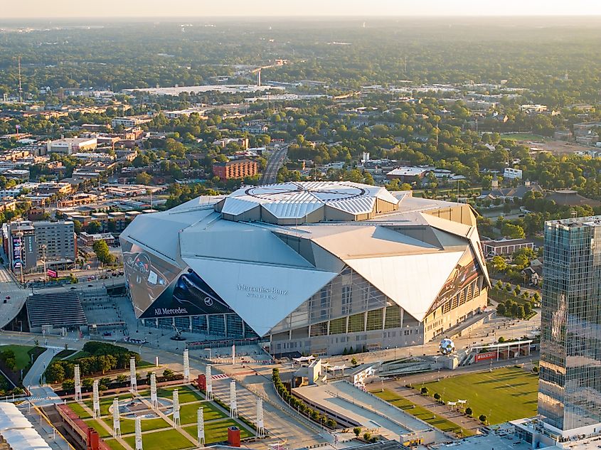 Aerial view of the Mercedes Benz Stadium in downtown Atlanta, Georgia