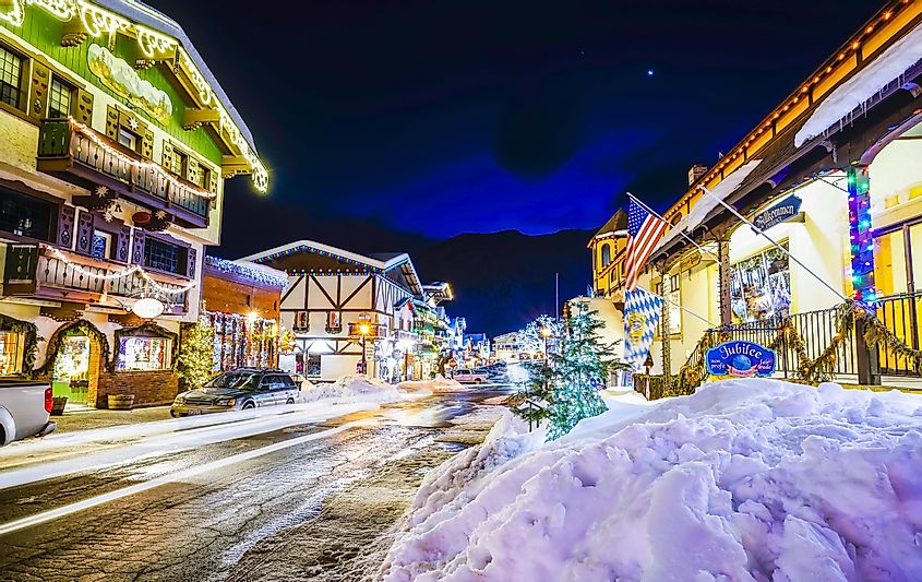 Leavenworth, Washington, illuminated with festive winter lighting decorations.