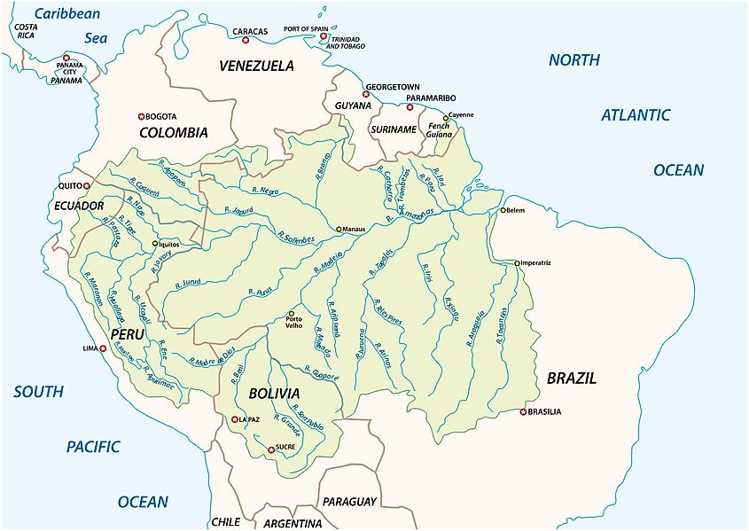 Map showing the course of the Amazon River.