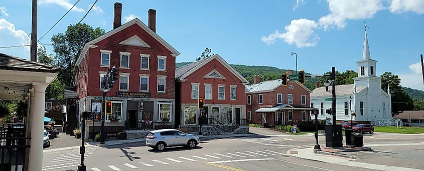 Route 100 becomes Main Street in Waterbury, Vermont.