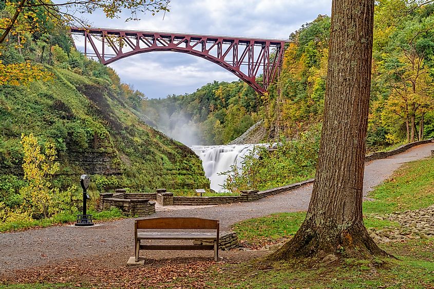 Upper Falls And Genesee Arch Bridge At Letchworth State Park In New York