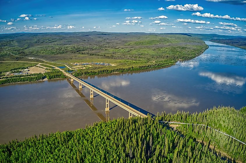 Aerial View of the Bridge and Pipeline Crossing the Yukon River on Alaska's Dalton Highway.