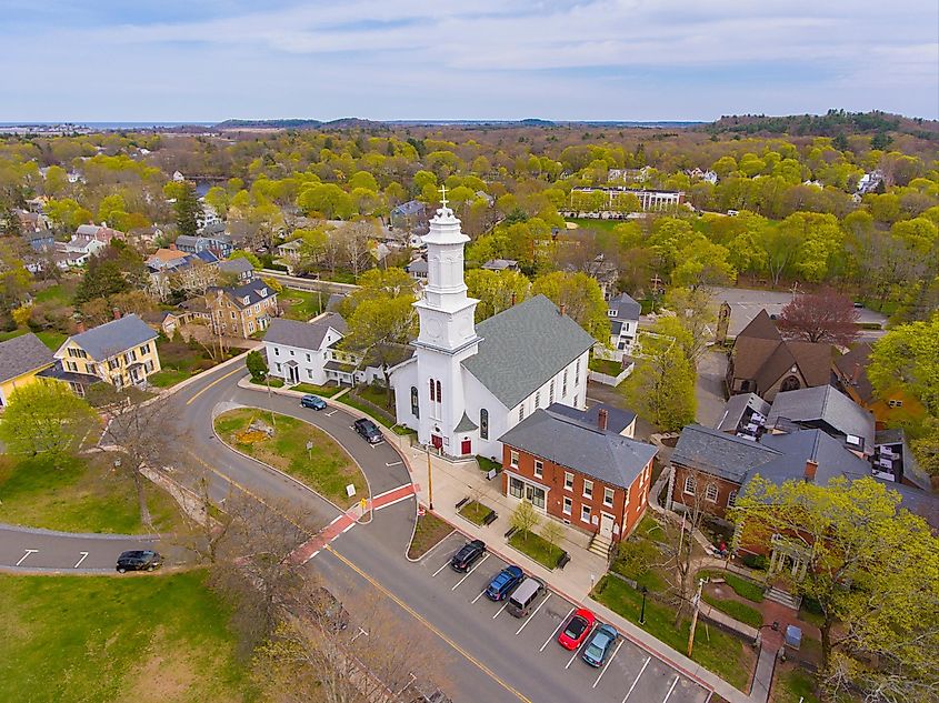 Ipswich Bridge over Ipswich River; aerial view on Central Street in spring at the town center of Ipswich, Massachusetts