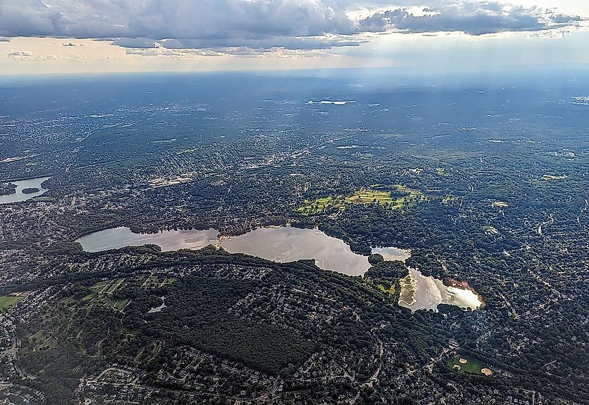 Aerial view of Mystic Lakes (lower at left, upper at right)
