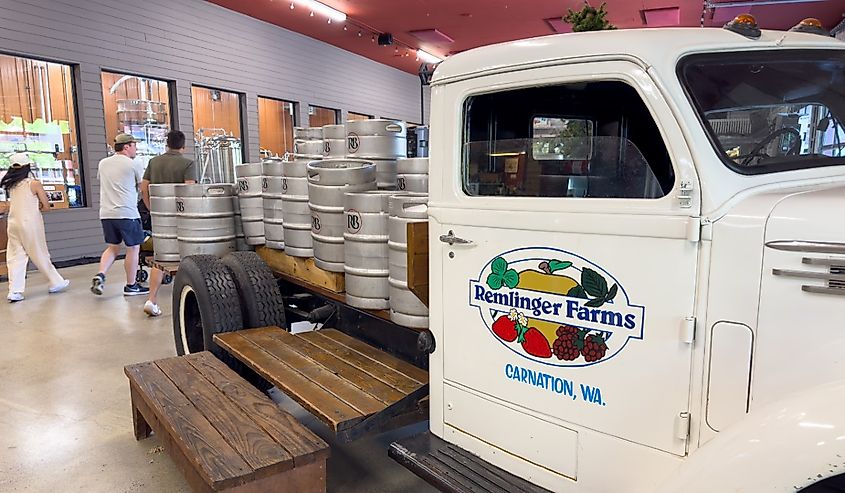 A view of a beer truck facade, seen at Remlinger Farms in Carnation, Washington.