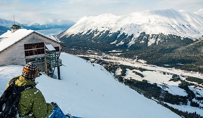 Man enjoying the View from the Top of Alaska Mountain Winter Wonderland Ski or Snowboard Dream Land