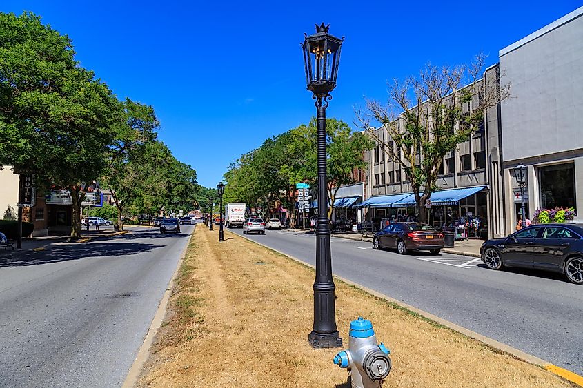 The downtown streets of Wellsboro still illuminated with authentic gas street lamps.