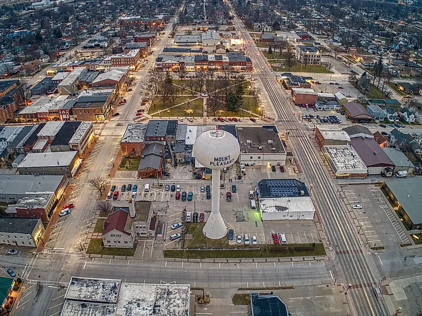 Mt. Pleasant, a small community in southern Iowa, with residential and town buildings visible