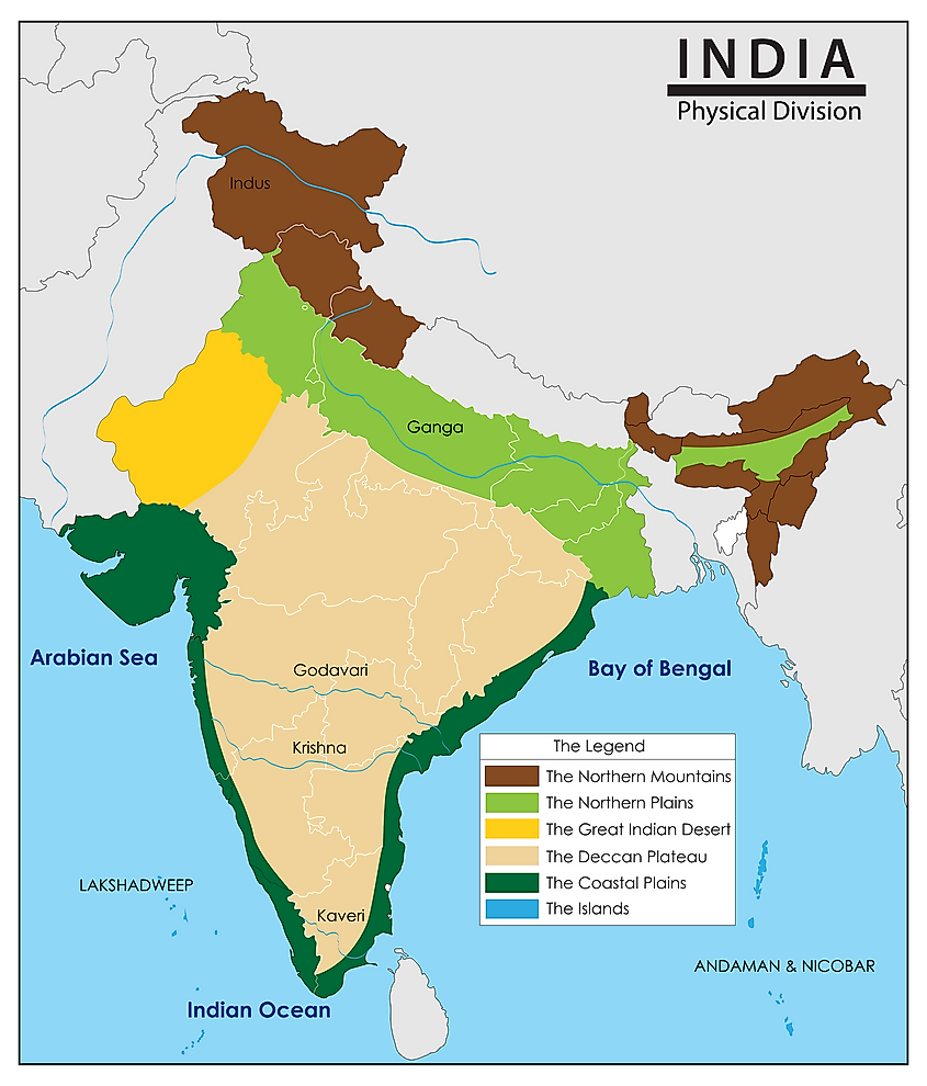 The physical map of India showing the location of the Deccan Plateau. 