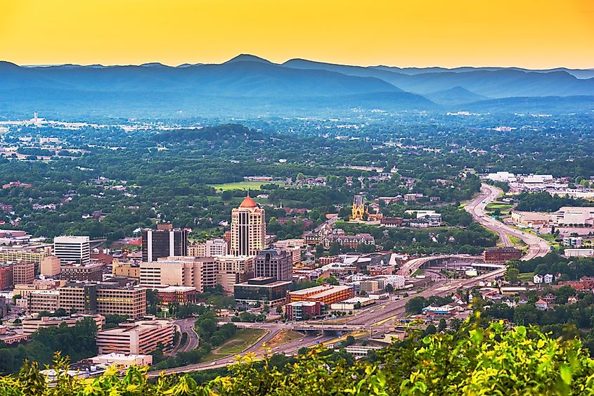 Roanoke, Virginia, USA downtown skyline from above at dusk