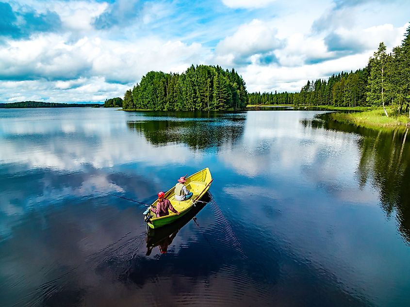 Fishing on a lake.