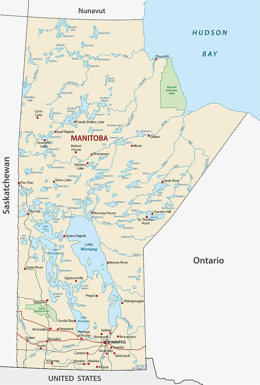 Map showing the lakes of Manitoba including Lake Manitoba.