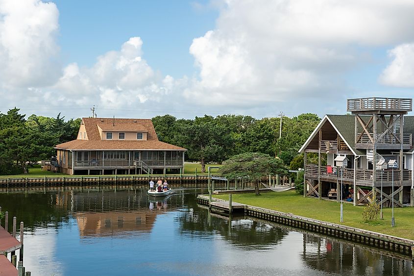 Canals provide access to the Pamilco Sound on the island of Ocracoke for small boats.