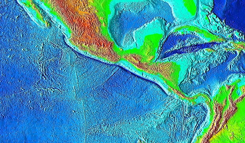 The trench is colored in dark blue, extending from central Mexico to Costa Rica in the Pacific Ocean. 