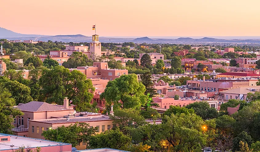 Santa Fe, New Mexico, USA downtown skyline at dusk.