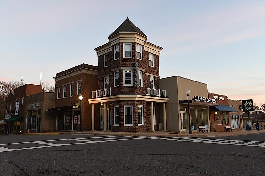 Buildings on a street corner in Hogan’s Alley, the mock town and training facility at the FBI Academy in Quantico, Virginia.