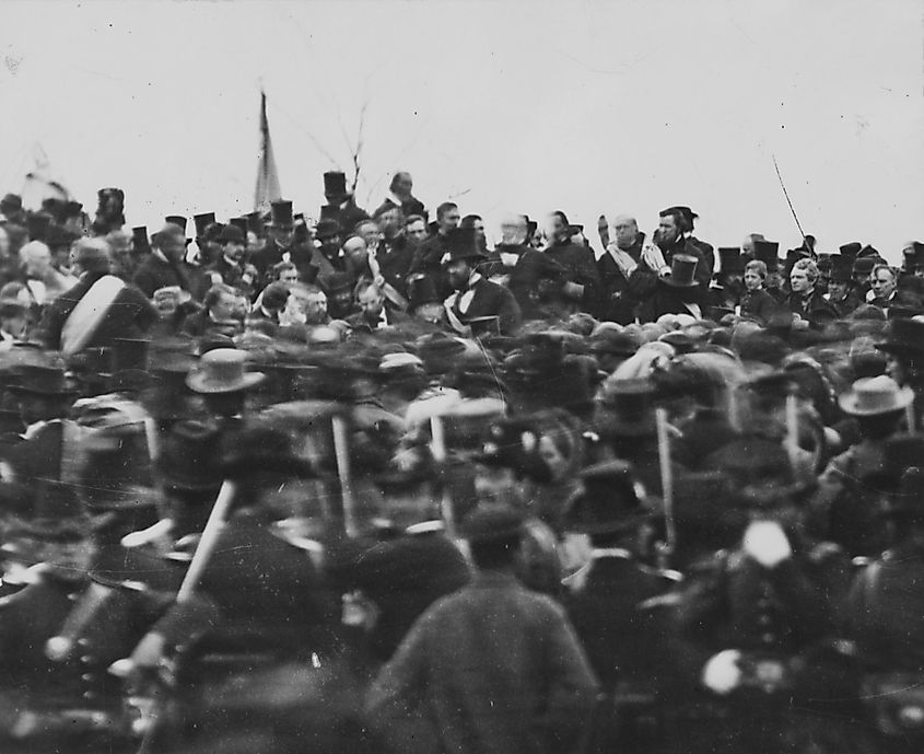 One of only two confirmed photos of Lincoln[1][2][3] (center, facing camera) at Gettysburg taken about noon on November 19, 1863