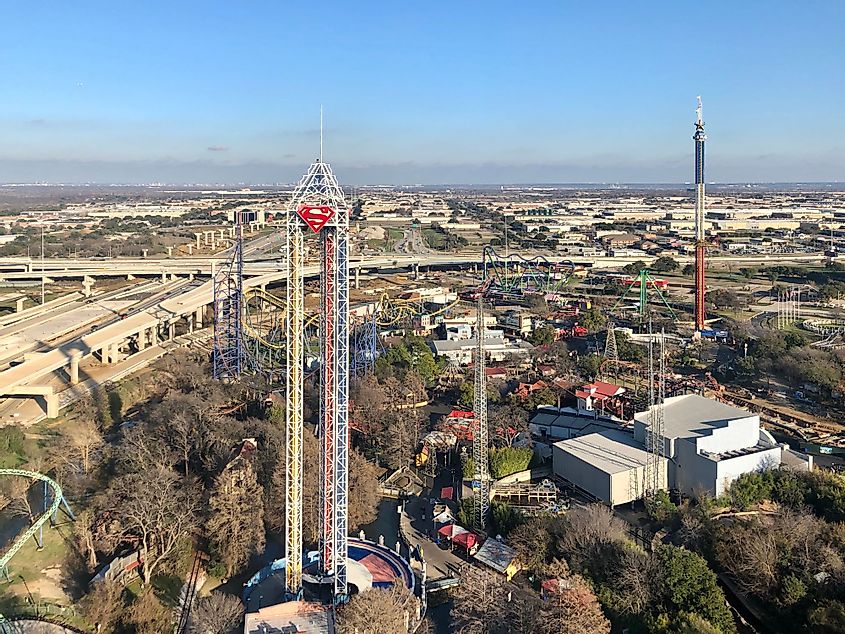 A sunny day outlines Six Flags Over Texas in Arlington, Texas