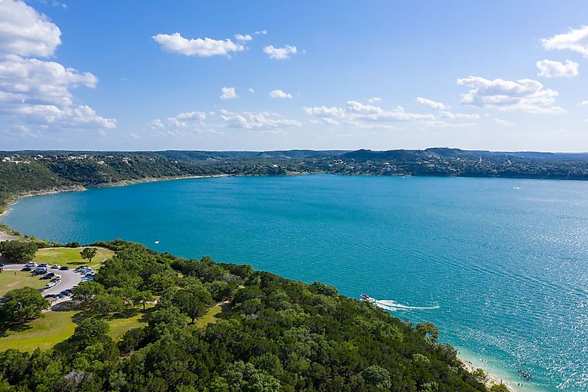 Aerial shot above Canyon Lake in the Texas Hill Country