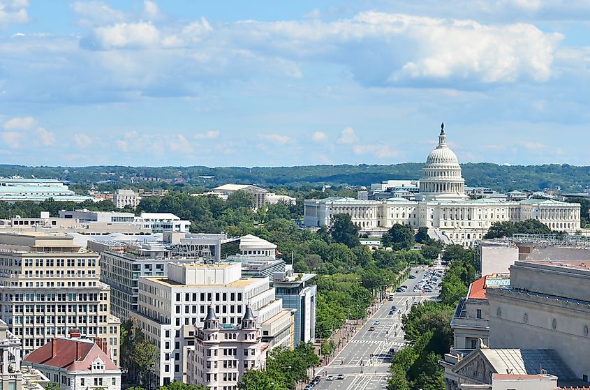 An aerial view of Pennsylvania Avenue with federal buildings