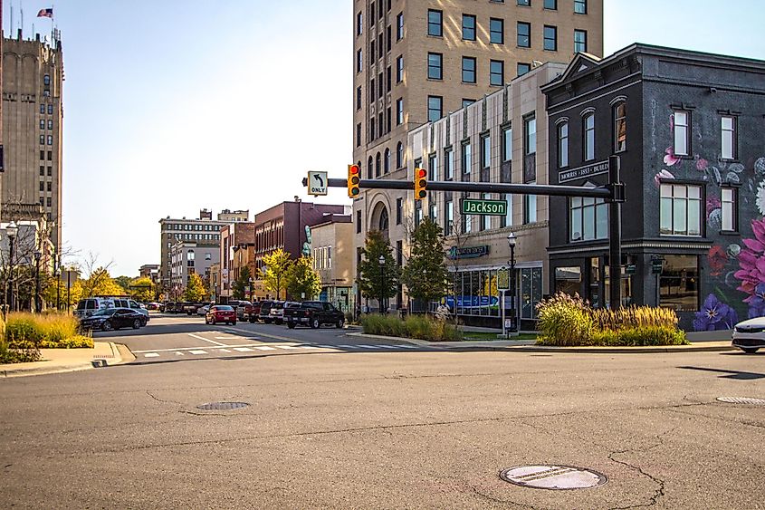 Downtown district and city streets of the American Midwest town of Jackson, Michigan. Editorial credit: ehrlif / Shutterstock.com