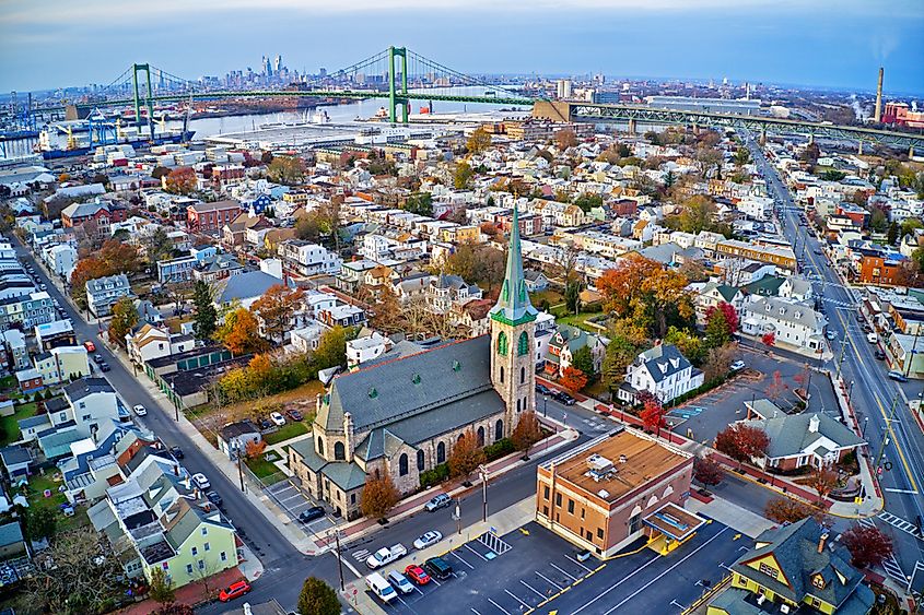 Aerial view of the Delaware River front town of Gloucester, New Jersey