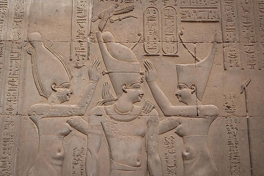 Egyptian Pharaon coronation with the double crown in Kom Ombo temple, Egypt