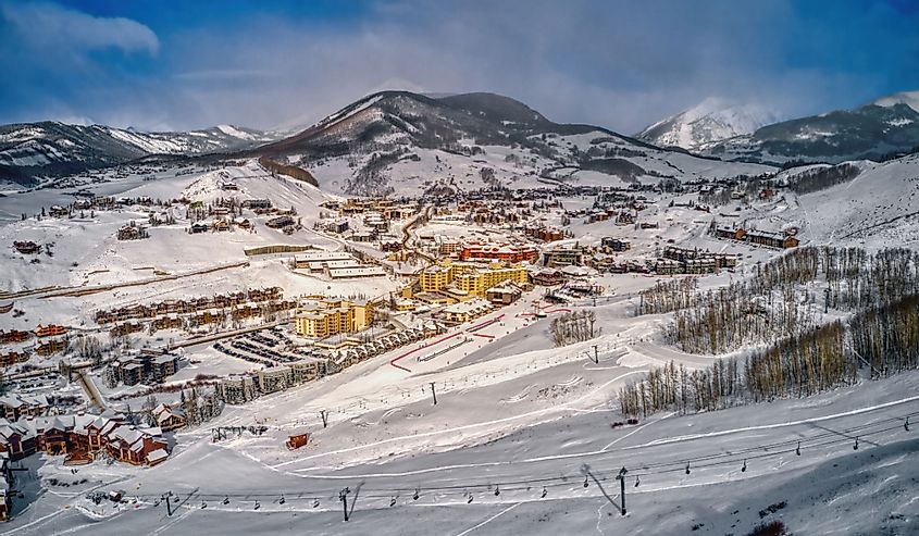 Aerial View of the Ski Resort Town of Crested Butte, Colorado blanketed in snow
